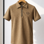 Luxury Textured Zip Collar Polo – Camel Brown