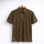 Luxury Textured Zip Collar Polo – Camel Brown